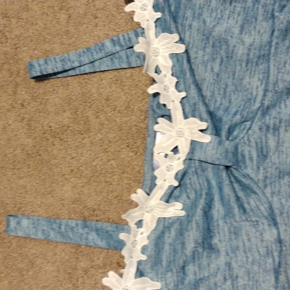 Off the shoulder, denim look blouse. - Picture 2 of 4